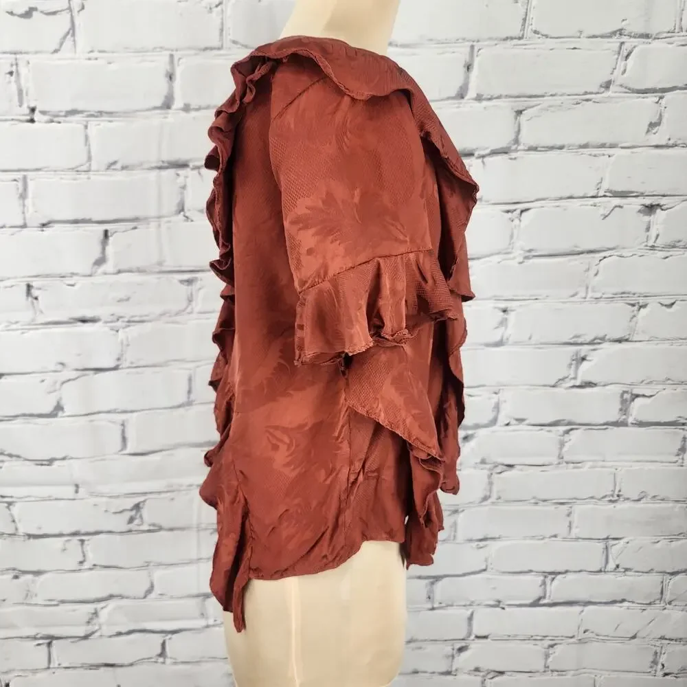 Cinq a Sept 100% Silk Ruffled Embossed Print Top with Button Closure Size Small - Picture 6 of 11